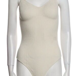 Frame Women’s Ribbed V-Neck Sleeveless Bodysuit in Cream/Bone Size Large